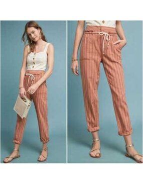 Anthropologie EUC Womens Small S Seashore Striped Pants Cedar Linen Cotton Blend